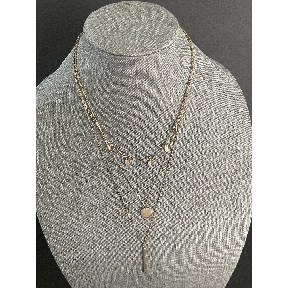 Gold Tone 3 Strand Layered Coin Pendant Adjustable Casual Evening Necklace 28”